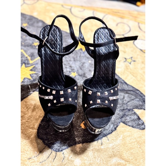Ellie Black Studded Platform Heels Zipper Detail Clear Lucite Spike Stiletto - Picture 1 of 6